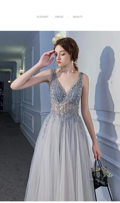 Women's Evening Dresses Sexy V-neck Luxury Formal Party Gown Backless Beads Sequins Tulle Side Split Banquet Evening Dress