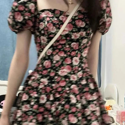 2025 New Short Mini Skirt French Style Bubble Sleeve Floral Dress Sexy Tea Break Small Stature Women Summer Dresses - Elanique