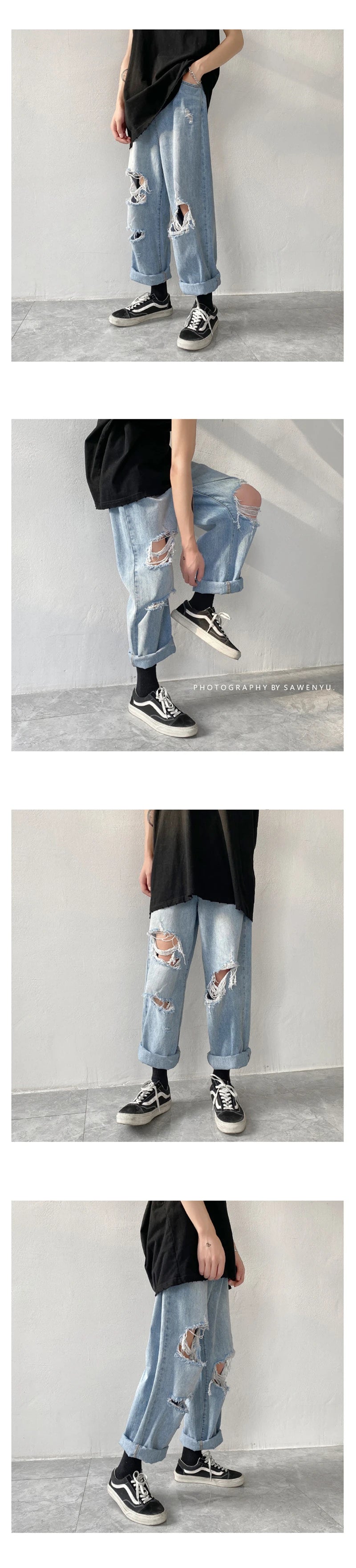 Summer Mens Ripped Jeans Blue Loose Fit Hole Wide-leg Pants Casual Fashion Trousers Streetwear High quality Denim Man Clothing