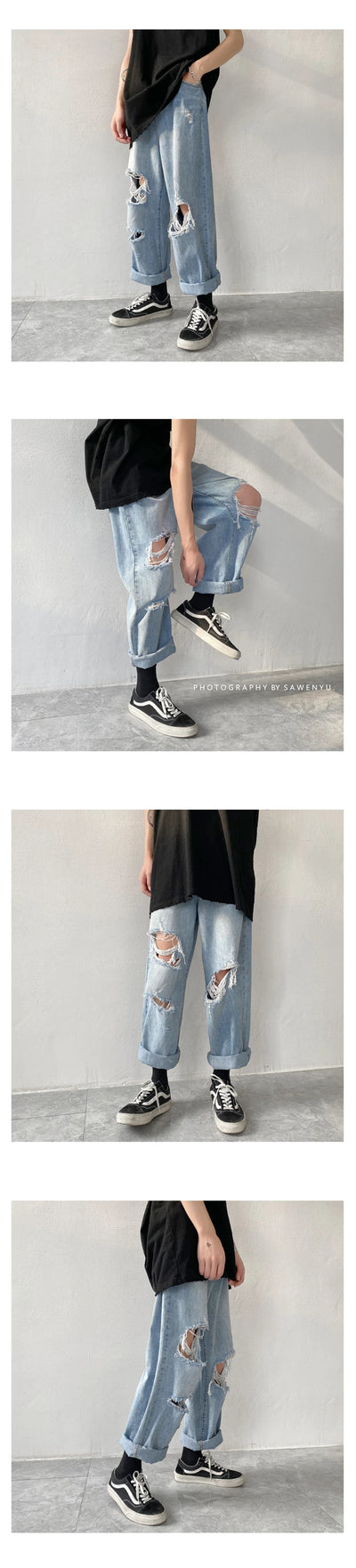 Summer Mens Ripped Jeans Blue Loose Fit Hole Wide-leg Pants Casual Fashion Trousers Streetwear High quality Denim Man Clothing