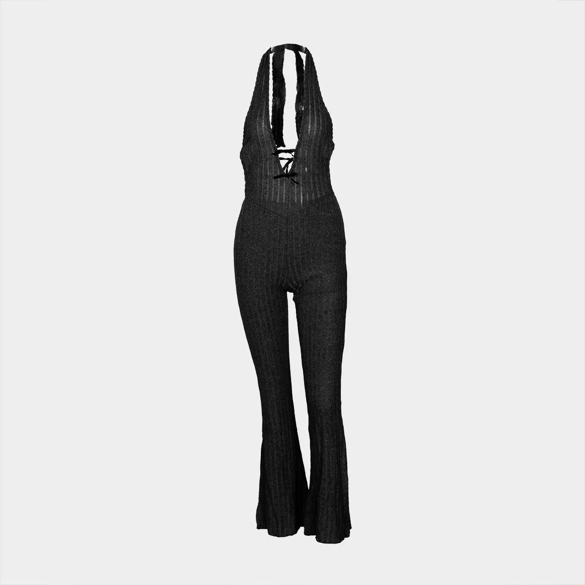 Joskaa Knitted Halter Backless Jumpsuit Women Sexy Deep V-Neck Bow Sleeveless Skinny Overalls 2025 Fitness Sportswear Clubwear