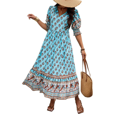 dresses for women Fashion summer Casual long dresses Bohemian V-Neck Printed High Waisted Big Swing Dress vestidos cortos