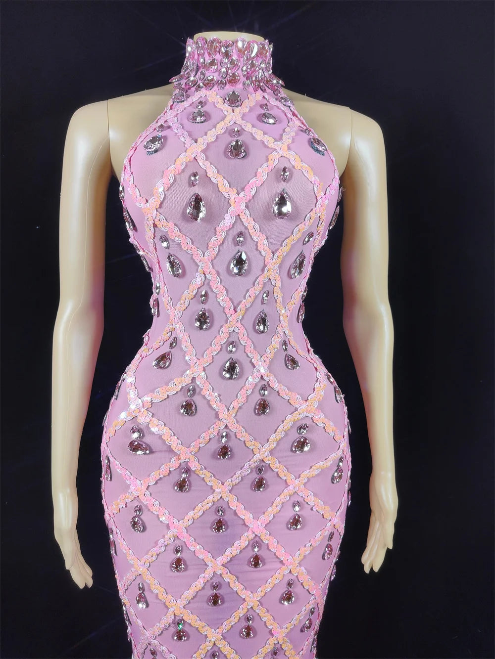 Women Sexy Stage Shining Rhinestone Sequins Dress Evening Prom Birthday Dress Transparent Performance Singer Club Host Dress