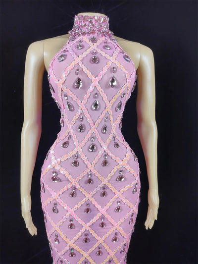 Women Sexy Stage Shining Rhinestone Sequins Dress Evening Prom Birthday Dress Transparent Performance Singer Club Host Dress
