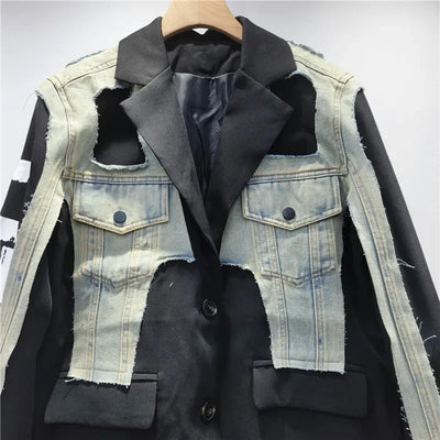 YEAE Women's Blazer Unique Design Patchwork Denim Letters Graffiti Female Black Suit Jackets 2025 New Fashion Spring