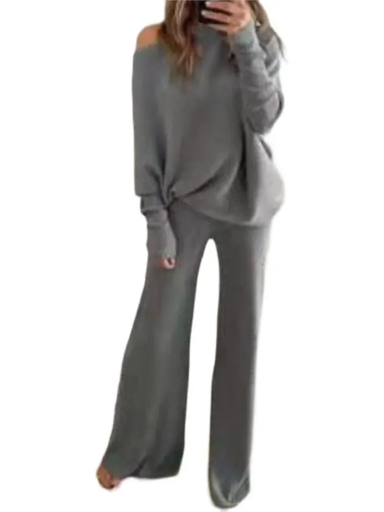 Autumn Winter Fashion 2pcs Suits 2024 Women Outfits Slanted Neck Off Shoulder Top Wide Leg Pants Two-piece Set Women Tracksuits