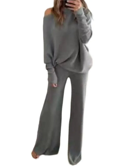 Autumn Winter Fashion 2pcs Suits 2024 Women Outfits Slanted Neck Off Shoulder Top Wide Leg Pants Two-piece Set Women Tracksuits