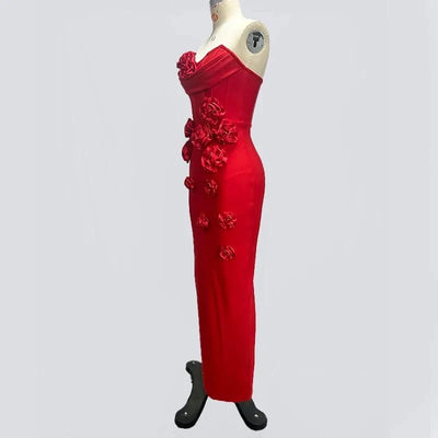 Pink Red Color Women Sexy Strapless Off the Shoulder Florals Bodycon Long Bandage Dress Celebrate Fashion Evening Party Outfit