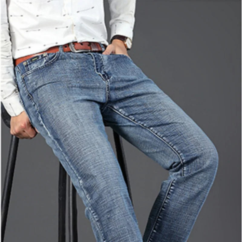 Mens Denim Pants Spring Casual Business Straight Fit Loose Elasticated Jeans Stylish Comfortable Pants for Work and Daily Wear
