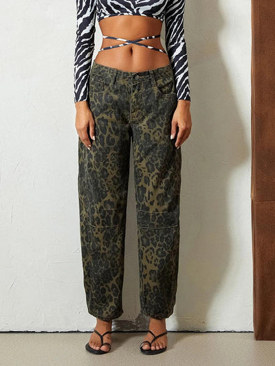 Leopard Barrel Jeans Women Cheetah Print Baggy Boyfriend Jeans Pants Vintage Mid Rise Wide Leg Denim Tapered Jeans