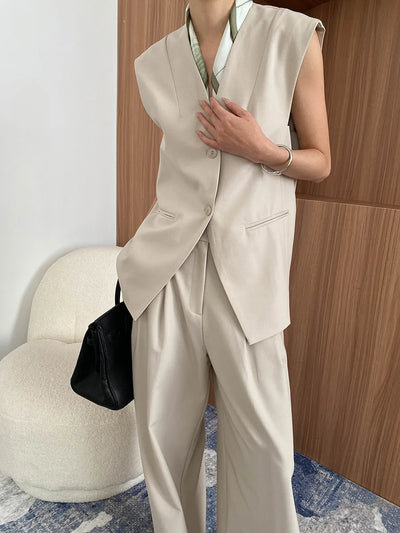 Spring and Autumn Women's Casual Solid Color Loose Jacket+V-neck Vest+Wide Leg Pants Set