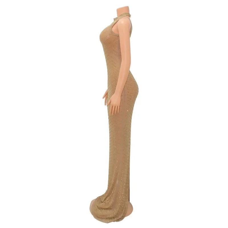 Sexy Sheer Mesh Studded Maxi Dress Women Sheath Backless Party Dress Clubwear