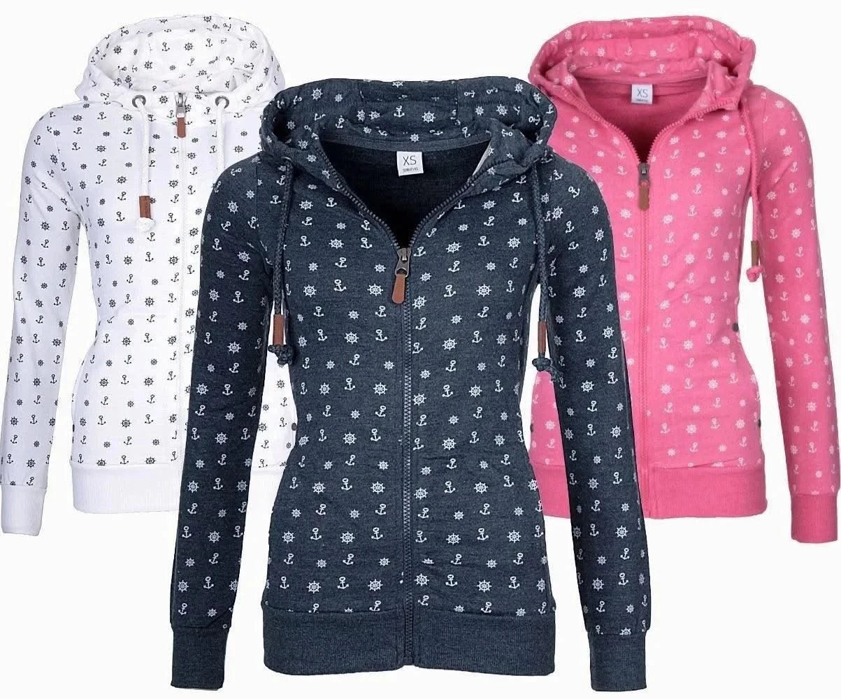 NEW Women Hooded Fleeces Oversize Sea Anchor Print Zipper coat Jumper Casual Sweatshirt Tops Autumn long sleeve hooded sw