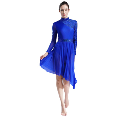 Women Modern Lyrical Dress Camisole Dance Costume Ballet Asymmetric High-Low Mesh Skirted Sleeveless Leotard Gymnastic Dancewear