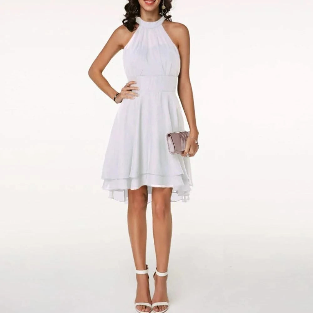 Women Elegant Dress Summer Solid High Waist Halter Sleeveless Midi Dresses Ladies Cropped Layered Chiffon Party Slim Dresses
