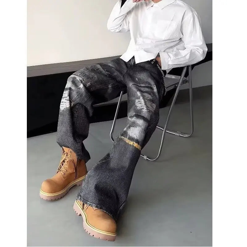 High Street Men's Jeans Trendy Printed Pattern Washed Worn-out Straight Leg Jeans American Style Male Denim Pants Black Jeans