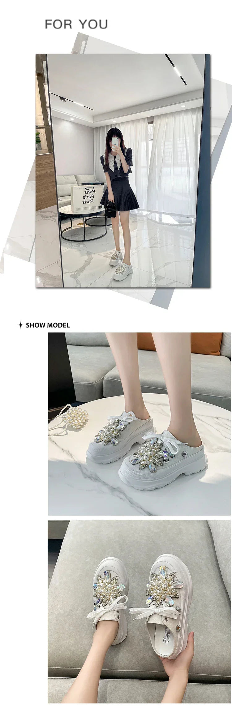 Spring New Women Sneakers Slipper Designer Platform Mules Flat Sandal Sweet Casual Lace Up Pearl Crystal Shallow Ladies Shoes