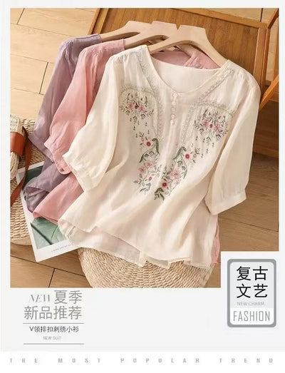 Cotton and Linen V-neck Embroidered Shirt for Women, Summer Thin Style Loose Medium Sleeves Small Shirt Top