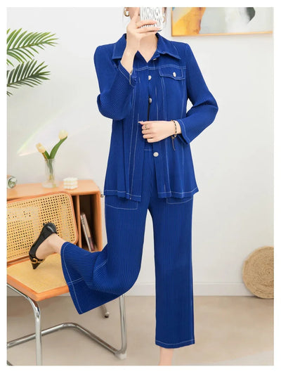 Wrinkle fashion casual suit for women high-end and casual loose fit plus size shirt collar top straight leg pants [20240514]