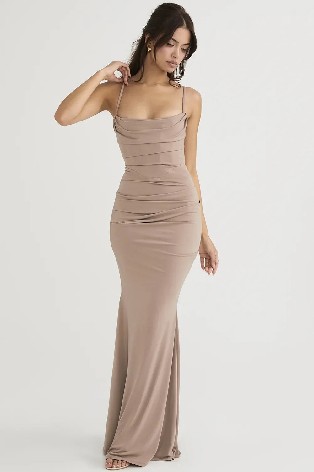 Elegant Dresses for Women Almond Corset Maxi Dress Draped Evening Night Party Dresses Bodycon Sexy Backless Dress with Fishbone