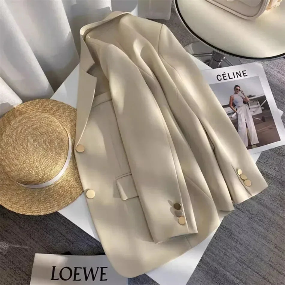 Women's Double Breasted Blazer Chic Office Lady Vintage Coat Fashion Notched Collar Long Sleeve Ladies Outerwear Stylish Tops
