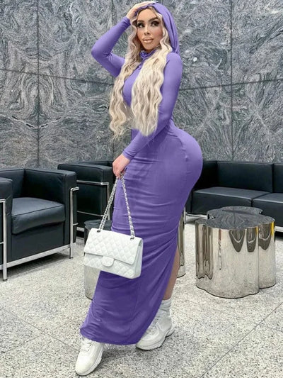 Hooded Long Dress For Women Y2k Clothes Sexy Streetwear Long Sleeve Bodycon Vestidos De Mujer Solid Robe Femme Été Back Split