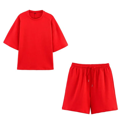 Women Summer Fashion 2 Pieces Short Sets Solid Loose T-Shirt and High Elastic Waist  Shorts Sportswear Female Chic Lady