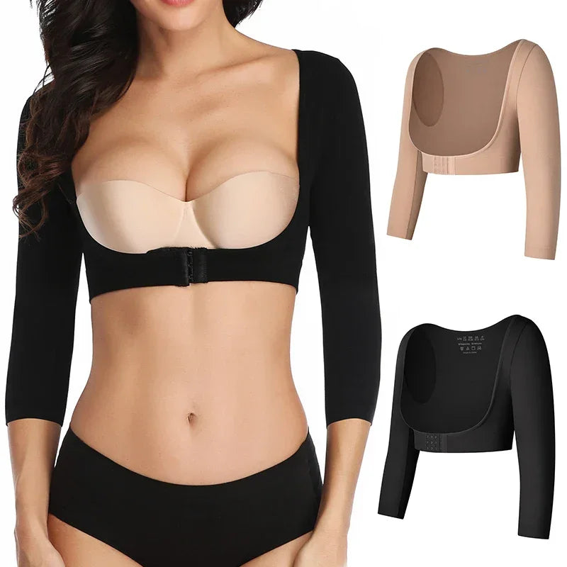 Upper Arm Shaper Post Surgical Slimmer Compression Sleeves Posture Corrector Tops Shapewear for Women 3/4 Sleeve Crop Top Nude