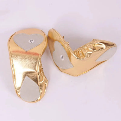 Professional Bowknot Belly Dancing Shoes Golden Foldable Indian Dance Shoes Leather Soft Ballerina Flats Children