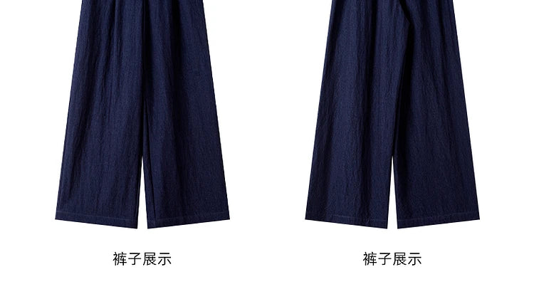 VIMLY Navy Blue Denim Suit Women's 2025 Autumn Outfits Vintage Lace Polo Collar Shirt Wide Legs Pants Ladies 2 Piece Sets A2526