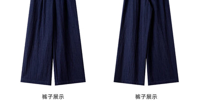 VIMLY Navy Blue Denim Suit Women's 2025 Autumn Outfits Vintage Lace Polo Collar Shirt Wide Legs Pants Ladies 2 Piece Sets A2526