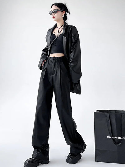 Women's Wide Leg Pants PU Straight Pants Autumn New Fashion Pantalones Mujer Solid Black Brown Leather Pants Women Streetwear