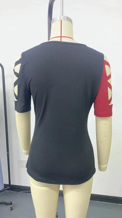 Women's Blouses T-shirt Summer New Colour Block Cross Off Shoulder