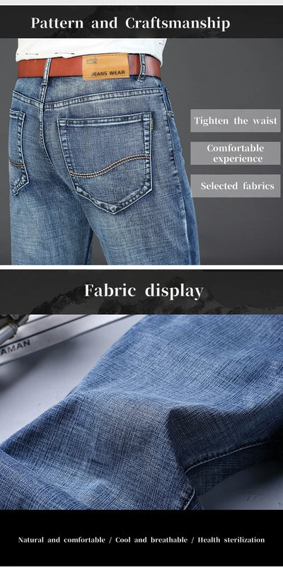 Mens Denim Pants Spring Casual Business Straight Fit Loose Elasticated Jeans Stylish Comfortable Pants for Work and Daily Wear