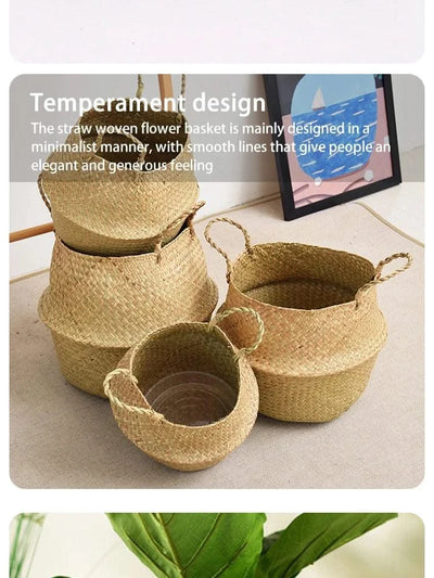 Wicker Basket Toy Organizer Folding Rattan Seagrass Storage Basket Laundry Woven Basket Plant Flower Pot For Home Garden
