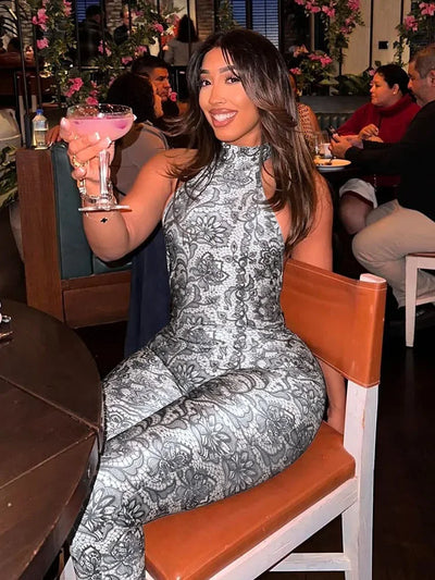 kliou Attractive Y2K Women Jumpsuits Fashion Print Halter Backless High Collar Off Shoulder Overalls Female Midnight Clubwear