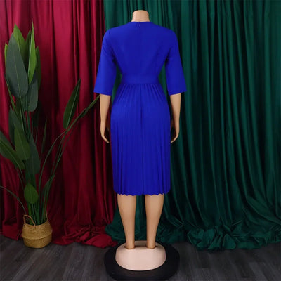 Elegant Office Dresses for Women Professional V Neck Full Sleeve Sashes Pleated Mid Calf Formal Business Work Wear Dress Midi OL