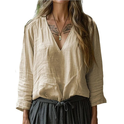 Women Cotton And Linen Top Spring Summer Fashion Casual V-Neck Long Sleeve Loose Pullover Tops Thin Lightweight Comfy Blouse Top