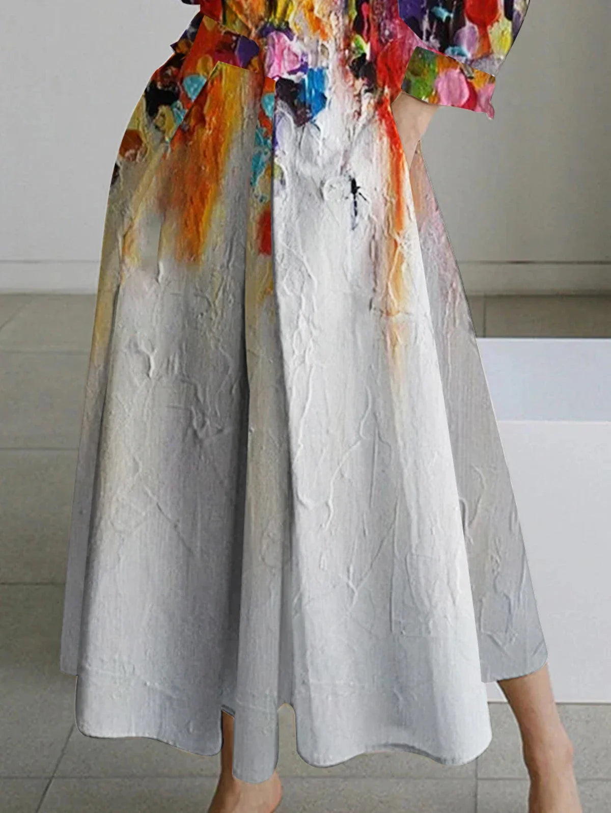 Vintage Cotton Linen Midi Dress for Women Summer Elegant Lapel Oil Painting Button Detail Streetwear Party Vestido