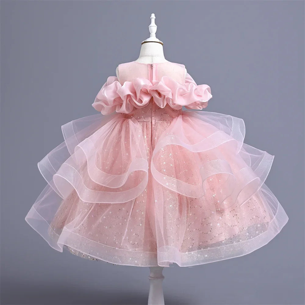 New Girl's Wedding Evening Dress Petal Sequin Mesh Sleeveless Dress Birthday Party School Graduation Party Dress