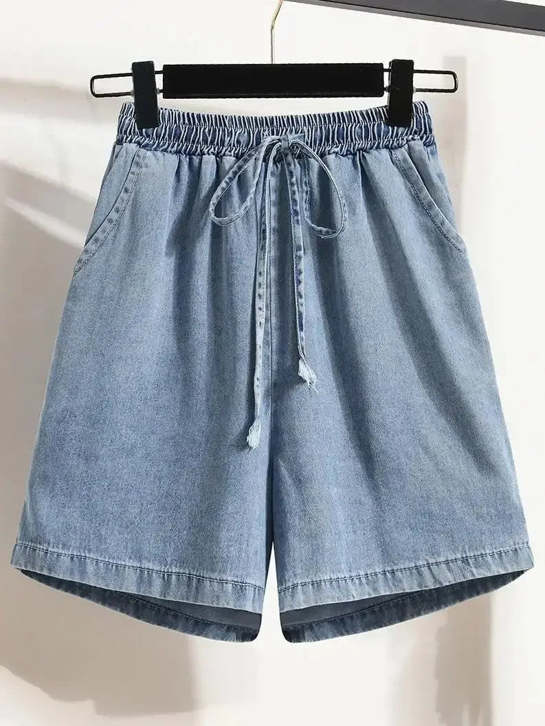 Plus Size Denim Shorts For Women 2024 Summer New Arrivals High Elastic Waist Soft Tencel Loose Blue Jeans Shorts Female Hot Sale