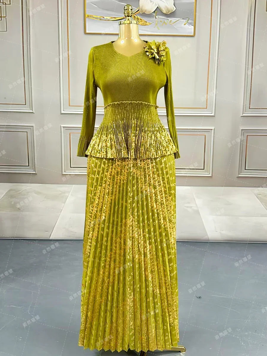 Luxury Women Chic Evening Dresses 2025 Formal Ball Gowns Elegant Party Miyake Pleated Long Sleeve Dress Female Plus Size Clothes