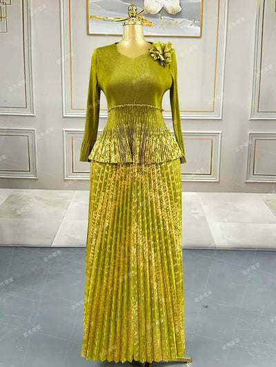 Luxury Women Chic Evening Dresses 2025 Formal Ball Gowns Elegant Party Miyake Pleated Long Sleeve Dress Female Plus Size Clothes