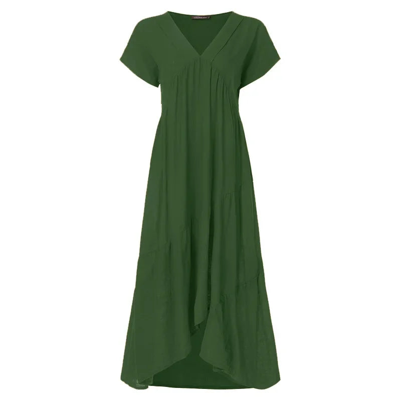 Cotton Linen Sexy V-neck Short Dress Summer New Women's Solid Color Multi-color Casual Loose Short Sleeved Mid Length Dress