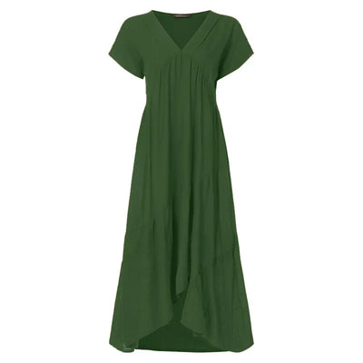 Cotton Linen Sexy V-neck Short Dress Summer New Women's Solid Color Multi-color Casual Loose Short Sleeved Mid Length Dress