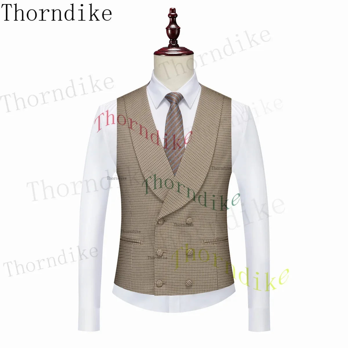 Thorndike Hot Sell Khaki Plaid Custom Made Classic Groom Tuxedo Groomsmen Best Man Suit Wedding Men's Blazer+Vest+Pants Costume