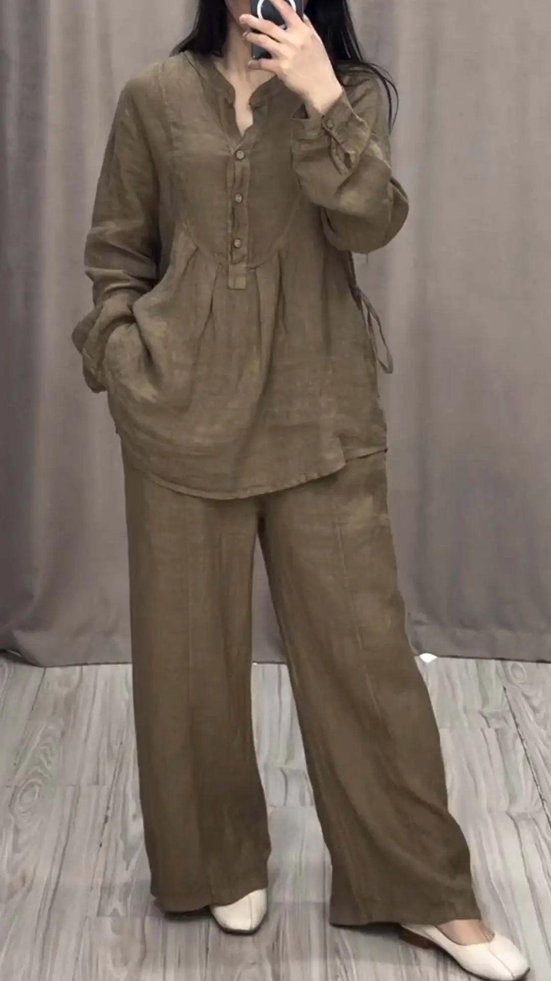 Women's 2 Piece Set Fashion Office Lady Cotton Linen Long-sleeve Casual Loose Wide-leg Pants Suit 2024 Spring Autumn Women Sets