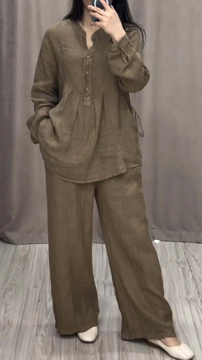 Women's 2 Piece Set Fashion Office Lady Cotton Linen Long-sleeve Casual Loose Wide-leg Pants Suit 2024 Spring Autumn Women Sets