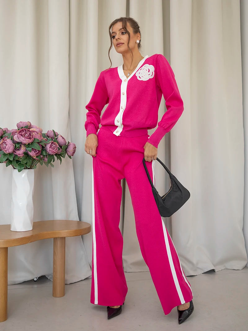 Loungewear Women Knitted Suit Casual Tracksuit Women Two Piece Set Embroidery Floral Knit Cardigan Pant Matching Sets Women 2024