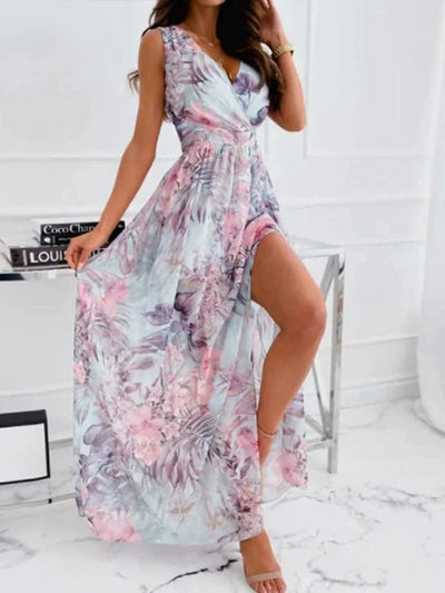 Summer Women Dress Floral Print Fashion Slim V-Neck Tie-Up Backless Chiffon Sexy Sleeveless Slit Maxi Cover-Ups Robe Beach Dress